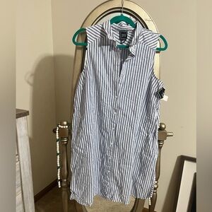 Blue and White Striped Sleeveless Shirt Dress